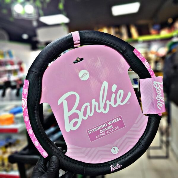BARBIE CUBRE VOLANTE NEGRO CON APLIQUES ROSA LATERALES, 38CM