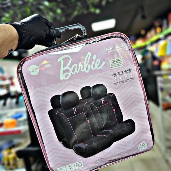 BARBIE FUNDA ASIENTO NEGRA CON ROSA, TELA CON ESPUMA, 10PCS