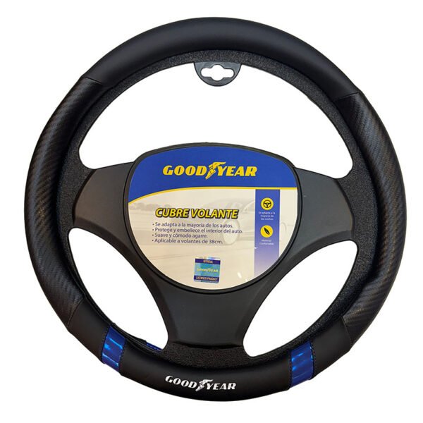 CUBRE VOLANTE GOODYEAR, NEGRO CON CARBONO, TIRAS METALIZADAS AZUL, AUTO 38CM