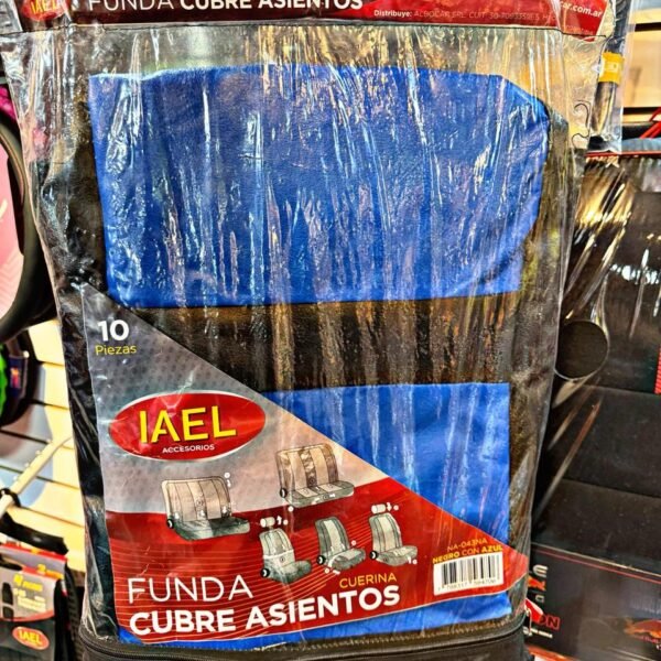 CUBRE ASIENTO CUERINA IAEL COMPLETA NEGRA Y AZUL